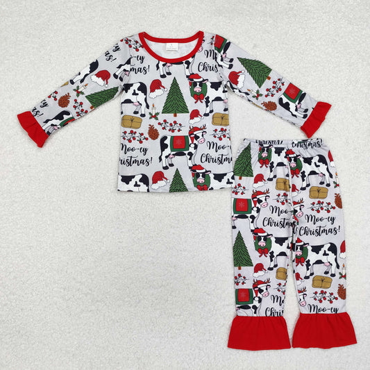 GLP1243 Christmas Tree Cow Grey Red Ruffle Long Sleeve Pants Girls Pajamas Set RTS 202509