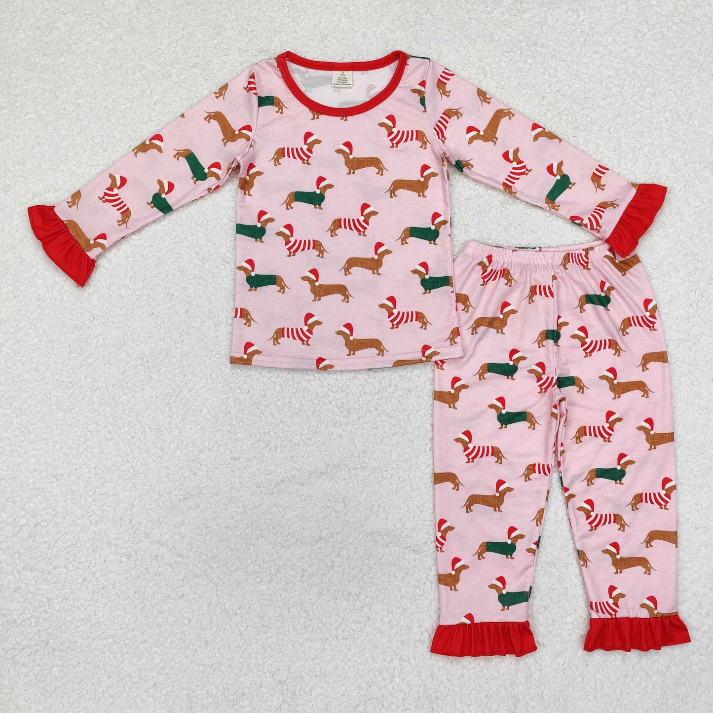 GLP1244 Christmas Bamboo Pajamas Hat Puppy Red Ruffle Long Sleeve Pants Girls Set RTS 202509