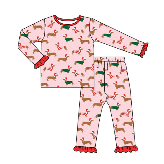 GLP1244 Christmas Bamboo Pajamas Hat Puppy Red Ruffle Long Sleeve Pants Girls Set RTS 202509