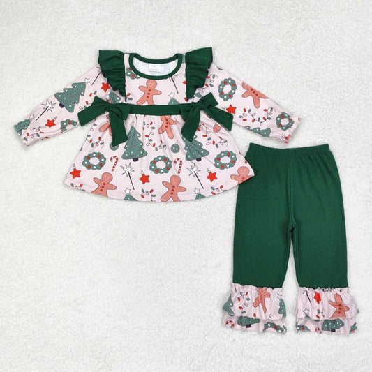 GLP1254 NO MOQ Christmas Tree Gingerbread Man Wreath Green Lace bow Long sleeve pantsuit western clothes