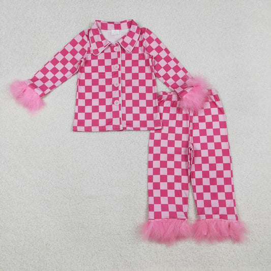 GLP1256-2 Rose Red Plaid Plush Long-Sleeved Pants Pajama Girls Set 202510 RTS