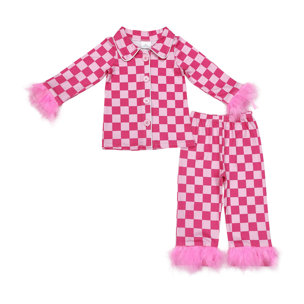 GLP1256 Rose Red Plush Check long sleeve top pants Baby girl Boutique Outfit RTS 202412
