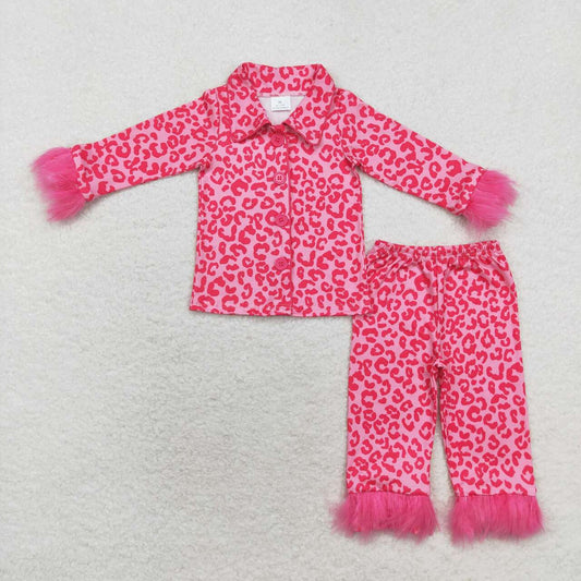 GLP1257 Leopard print pink long-sleeved pants pajama set with plush trim