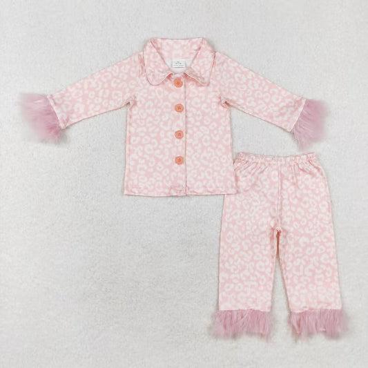 GLP1258 Pink Fur Trim Leopard Long Sleeve Pants Pajamas Set RTS Free Shipping Over $100