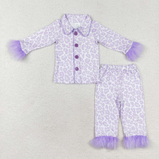 GLP1259 Leopard print purple long-sleeved pant pajama set with plush border