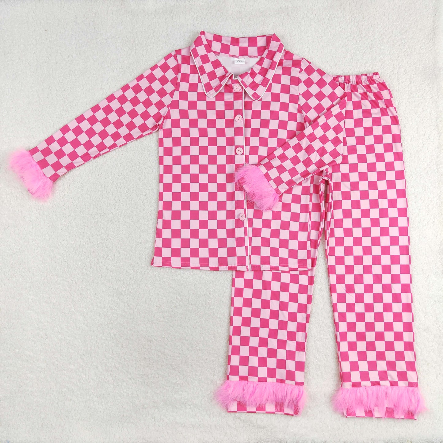 GLP1265 RTS adult women's plaid long-sleeved trousers pajama set with plush border rose red