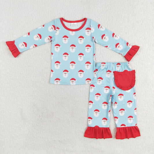 GLP1277 RTS Santa Lace blue long sleeve pants pajama set