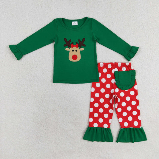 GLP1301 RTS Embroidered Reindeer Green Lace Long sleeve Red striped pants pajama set