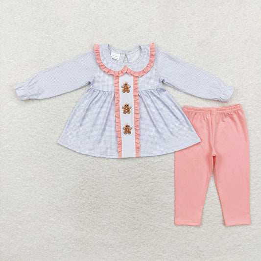 GLP1330 Embroidered gingerbread Man Pink Lace doll collar blue plaid long-sleeved pantsuit