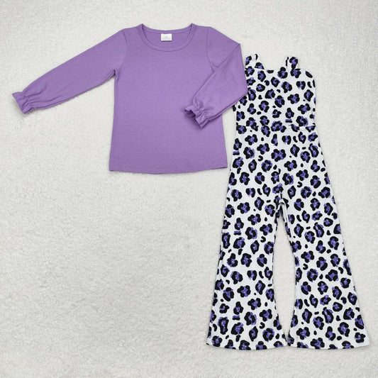 GLP1373 Purple solid color long sleeve leopard strap onesie set
