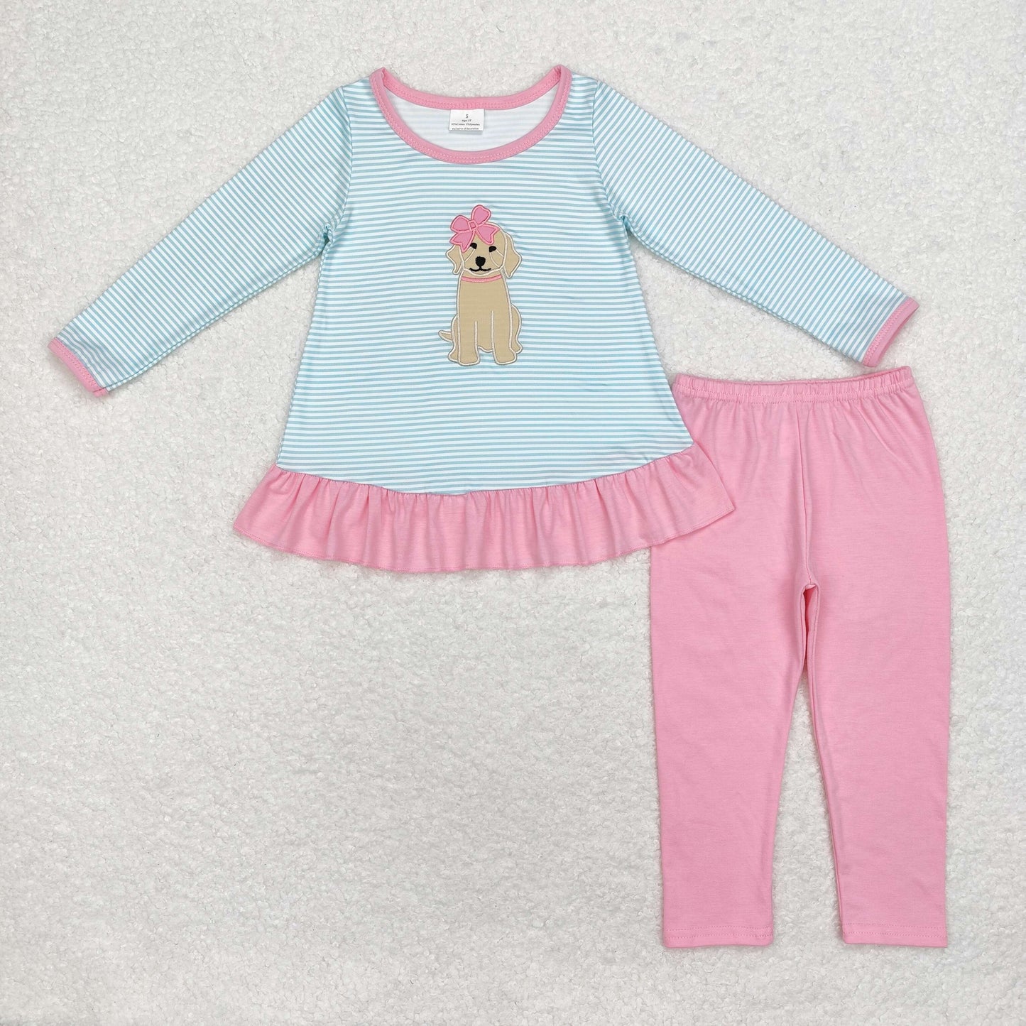 GLP1376 Embroidered bow dog striped long-sleeved pink pantsuit