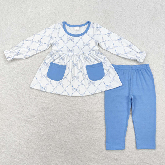 GLP1383 Bow pattern blue pockets white long sleeve pants suit