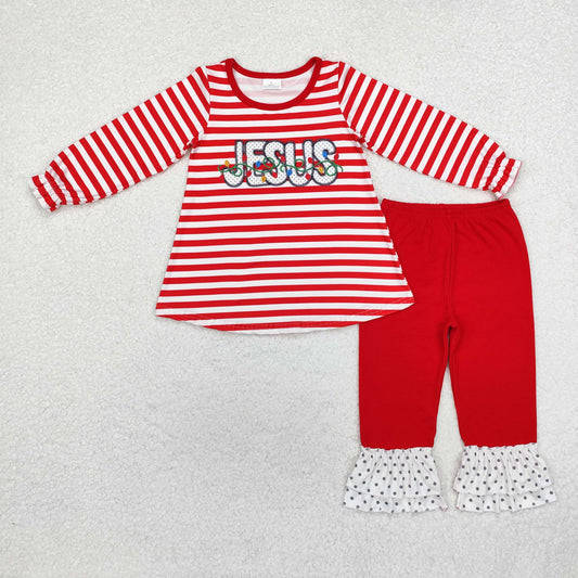 GLP1392 Jesus Lantern Red Striped Long Sleeve Top Ruffle Pants Boys Sets RTS 202509