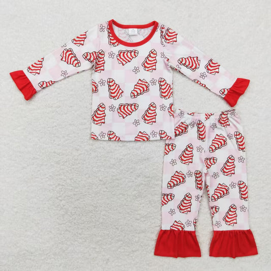 GLP1397 RTS Christmas Bamboo Pajamas Tree Cookies Flowers Pink and white plaid long sleeve trousers pajamas set