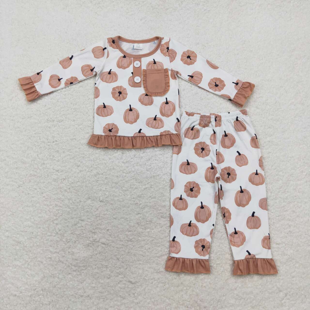 GLP1402 Modal Pumpkin brown lace pocket long sleeve pant pajama set