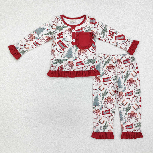 GLP1414 Christmas Bamboo Pajamas Sibling Red Ruffle Long Sleeve Pants Girls Set RTS 202509