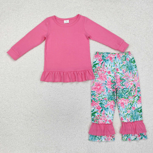 GLP1461 Solid Light Rose Red Long Sleeve Flower Pant Girls Set RTS 202509