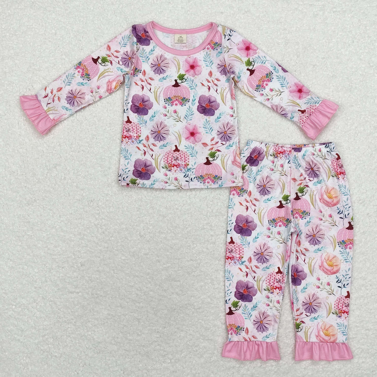 GLP1482 Modal Flower Pumpkin Pink lace long sleeve pant pajama set