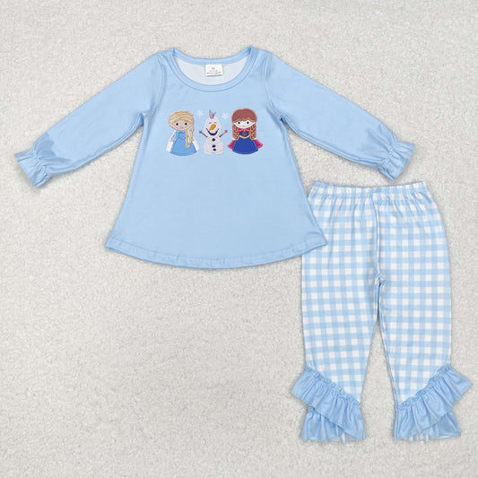 GLP1484 Princess Snowman blue long sleeve plaid pants suit