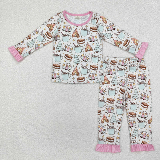 GLP1502 Christmas Bamboo Pajamas Pink Ruffle Long Sleeve Pants Girls Set RTS 202510