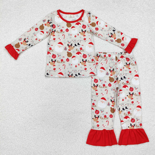 GLP1508 Christmas Bamboo Pajamas Reindeer Gift Ruffle Brown Red Long Sleeve Pants Pajamas Set