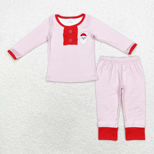 GLP1529 Embroidered Santa Claus pink striped long sleeve pant pajama set
