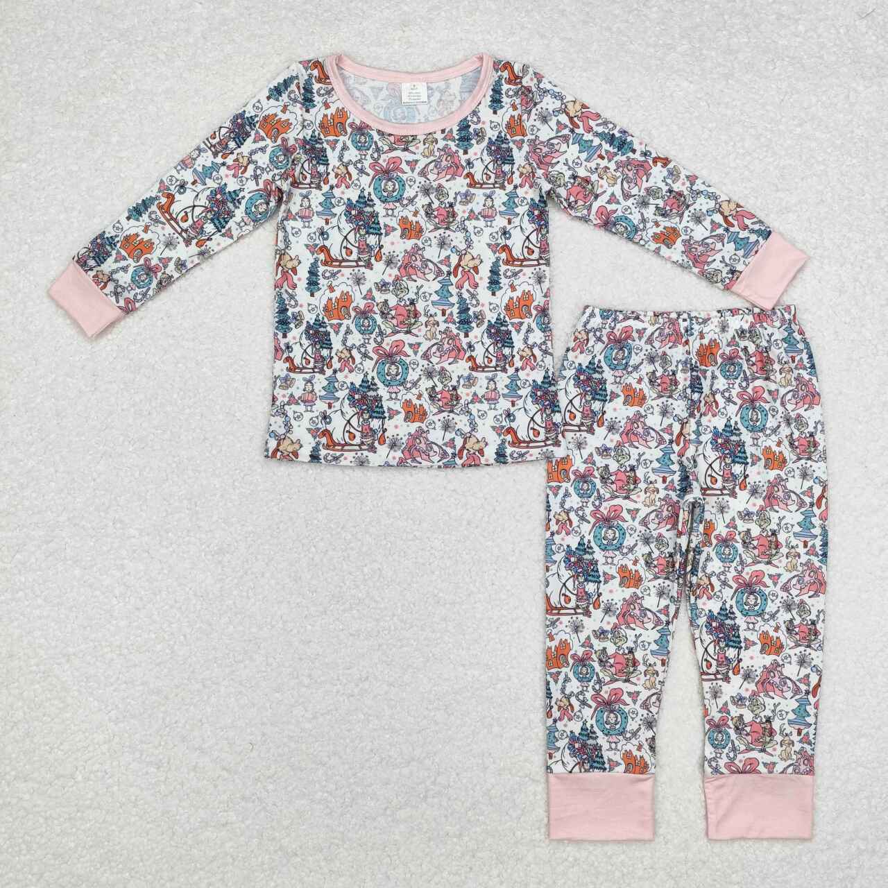GLP1576 Modal grinch Garland Bow Girls Pink and white long sleeved trousers pajama set High quality