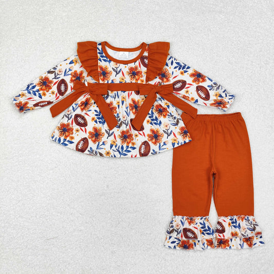 GLP1607 Rugby flower leaf Orange Lace bow Long sleeve pant set high quality