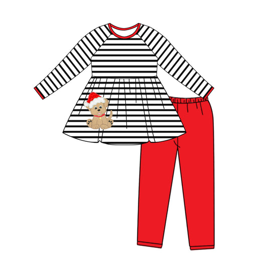 Preorder GLP1609 NO MOQ Santa Hat Puppy striped long sleeve red pantsuit