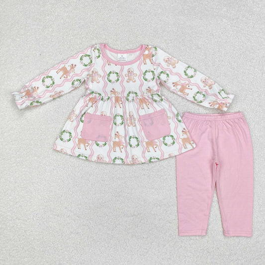 GLP1629 Gingerbread Man Fawn Wreath pocket pink and white long sleeve pant suit