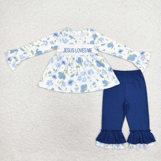 GLP1669 jesus loves me floral long-sleeved blue pantsuit