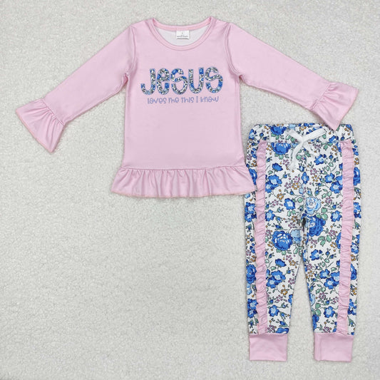 GLP1670 Christmas Jesus Pink Ruffle Long-Sleeved Flower Pants Girls Set RTS 202509