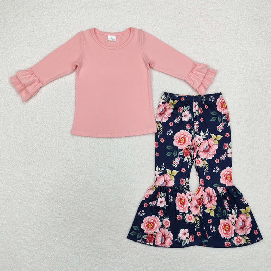 GLP1684 Solid color pink lace long sleeve top floral navy blue flared pants suit