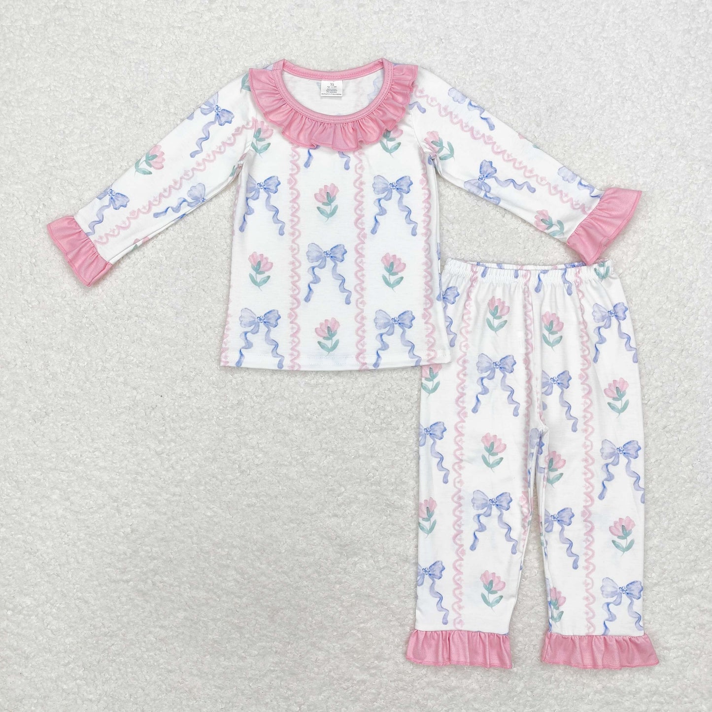 GLP1693 Bamboo Pajamas Bows Flower Pink Ruffle Long Sleeve Pants Girls Sets RTS 202509