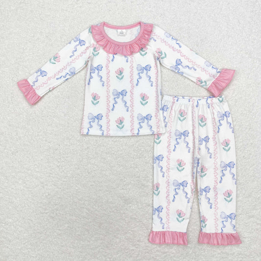 GLP1693 Bamboo Pajamas Bows Flower Pink Ruffle Long Sleeve Pants Girls Sets RTS 202509