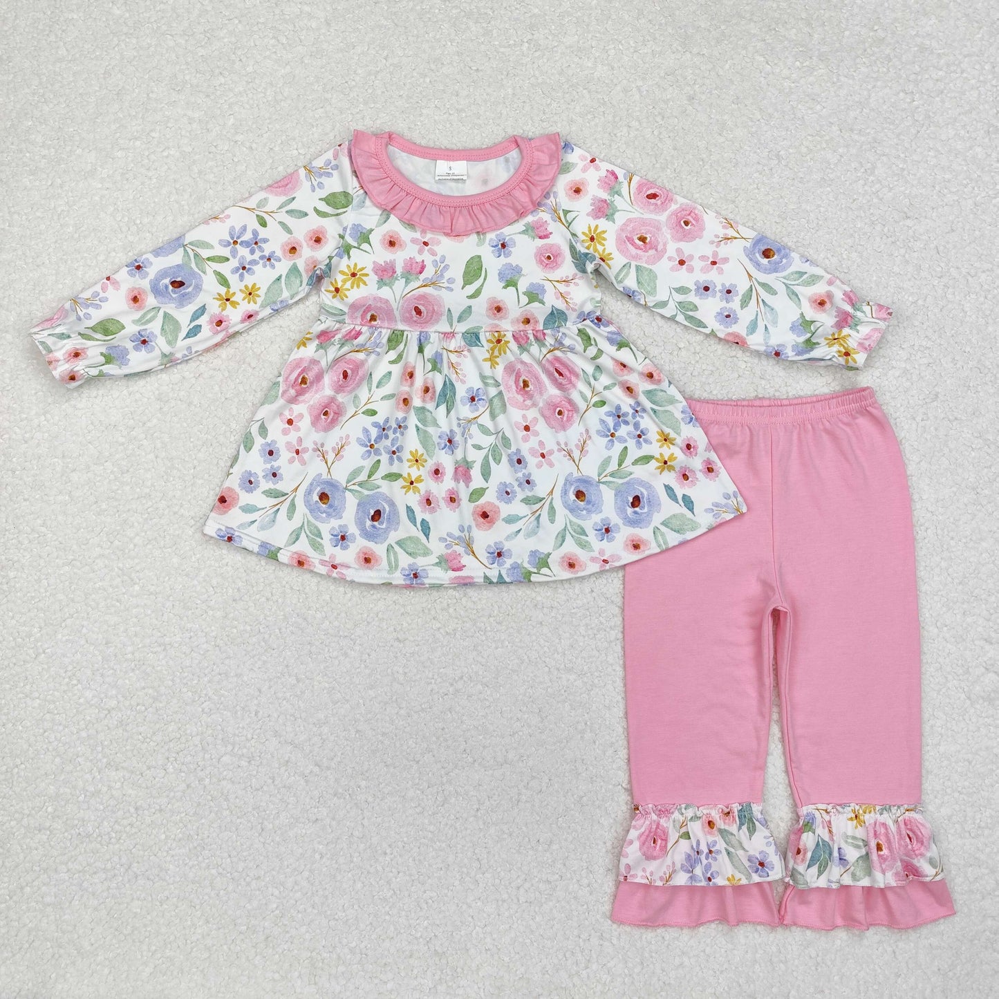 GLP1699 Flower Pink Ruffle Long Sleeve Pants Girls Sets RTS 202509
