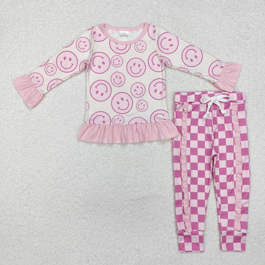 GLP1722 Smile Face Pink Ruffle Long Sleeve Pants Girls Sets RTS 202509
