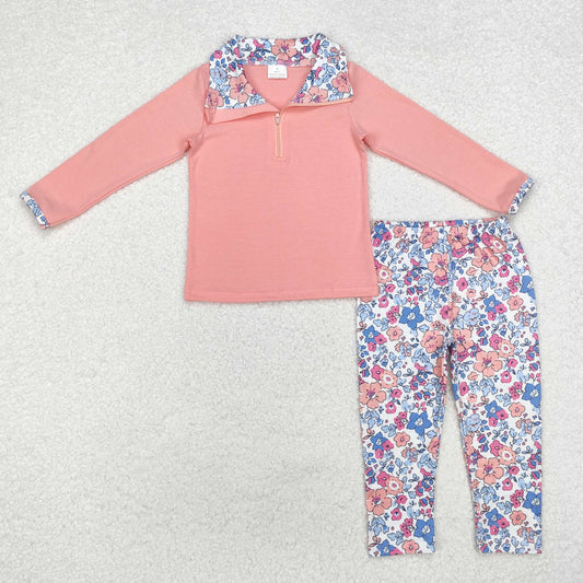 GLP1750 Floral Zip up Collar Pink Long-Sleeved Pants Girls Sets RTS 202509