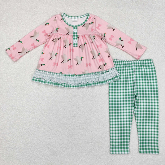 GLP1753 Duck bow Pattern Green plaid lace lace long sleeve pantsuit in pink