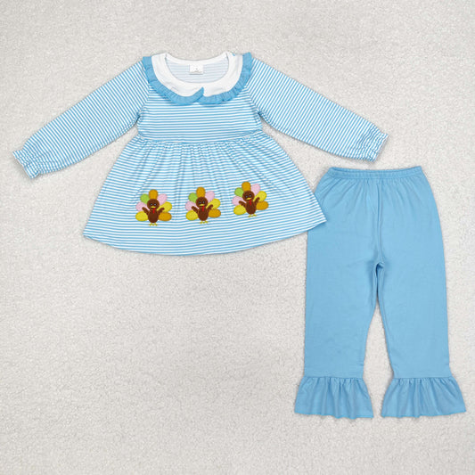 GLP1768 Embroidered Thanksgiving Turkey Stripe Doll Collar Blue Ruffle Long Sleeve Pants Girls Set High Quality Wholesale RTS 202509