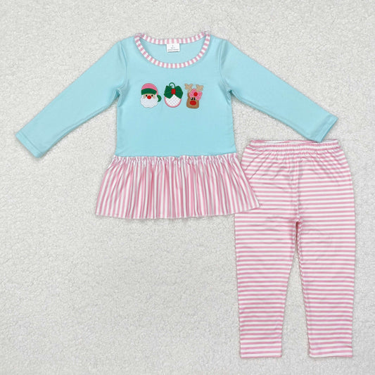 GLP1770 Embroidered Christmas Santa Claus Pink Stripe Ruffle Blue Long Sleeve Pants Girls Set 202509 RTS