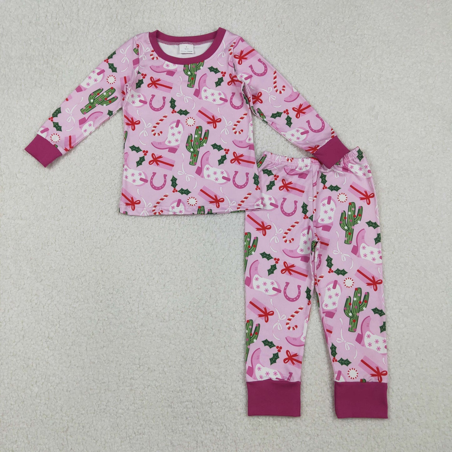 GLP1783 Christmas Cactus Boots Pink Purple Long Sleeve Pants Girls Pajama Set 202511 RTS