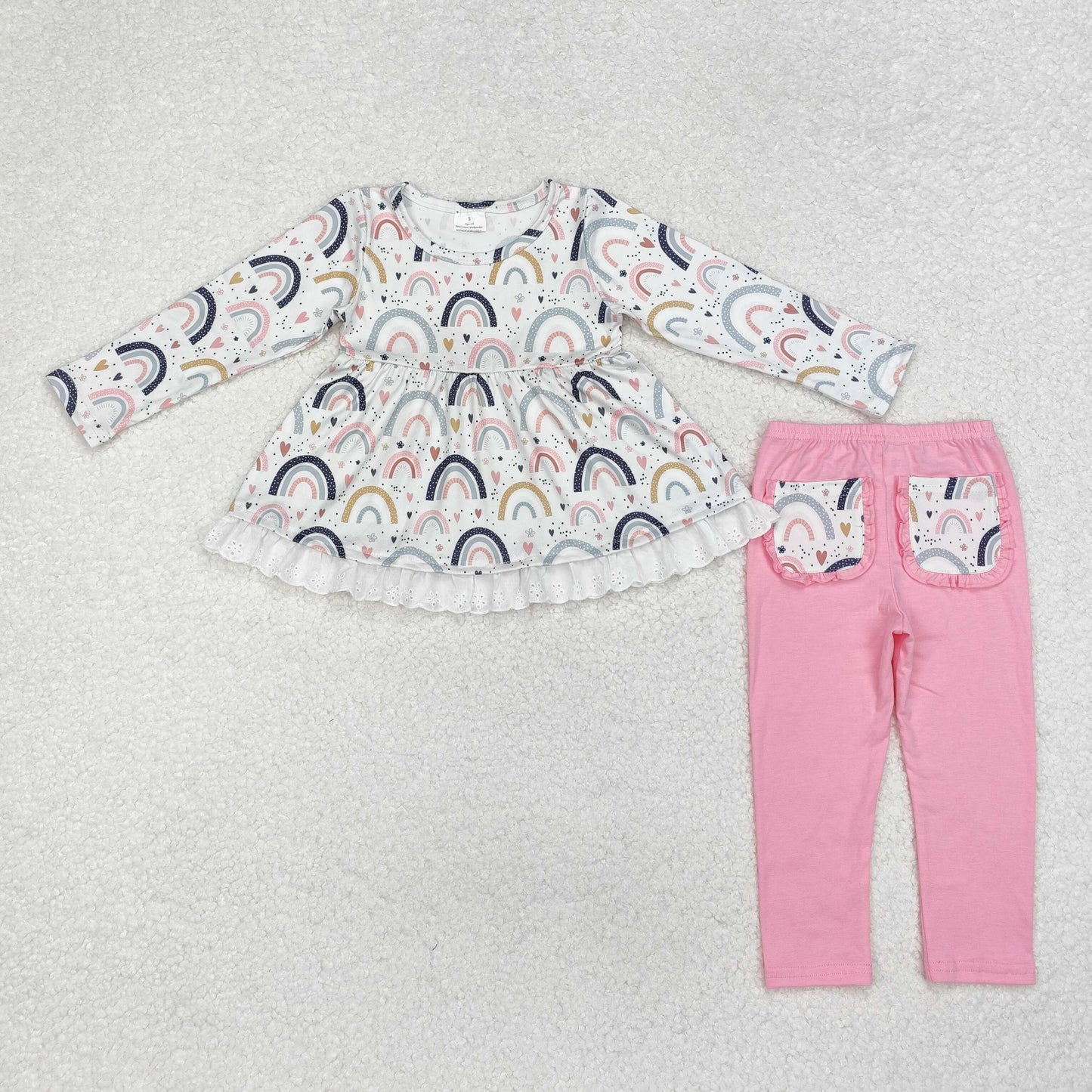 GLP1787 Rainbow Heart Lace Ruffle Long Sleeve Pink Pants Girls Sets RTS 202509