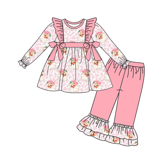 GLP1795 Christmas Santa Claus Leopard Bows Pink Ruffle Long Sleeve Pant Girls Sets RTS 202509