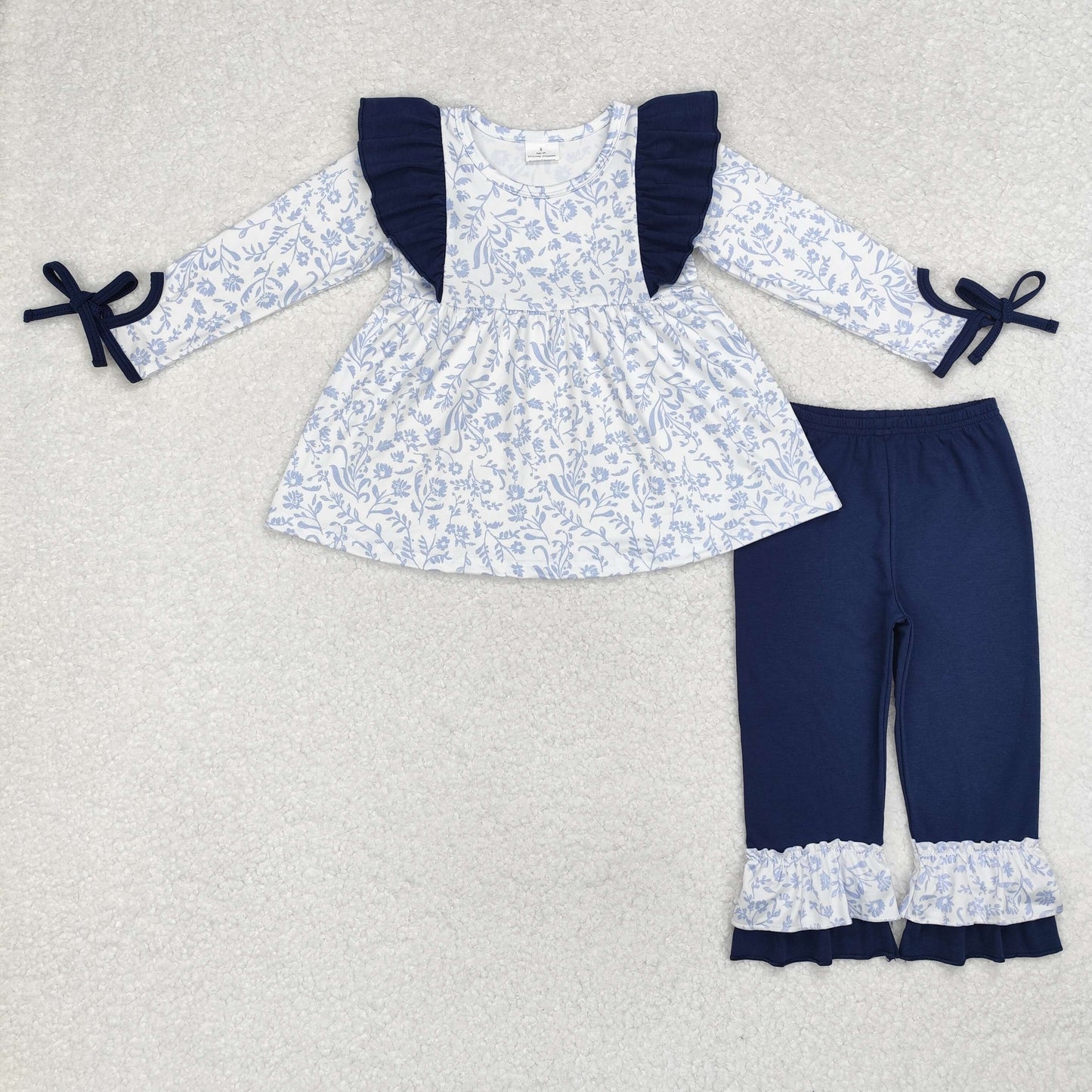 GLP1828 Flower leaves navy blue lace white long sleeve pants suit