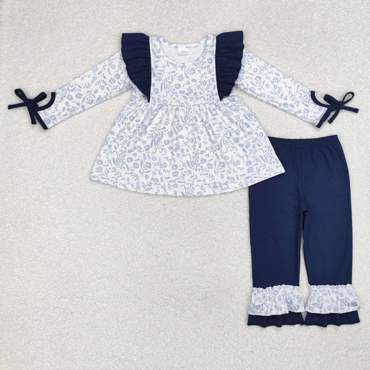 GLP1828 Flower leaves navy blue lace white long sleeve pants suit