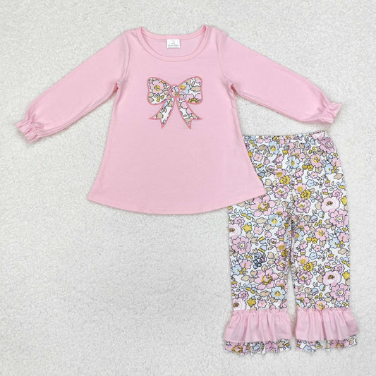 GLP1836 Embroidered Bow Flower Pink Long Sleeve Pant Girls Set RTS 202509