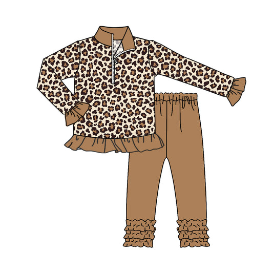 GLP1845 Leopard Brown Ruffle Zip up Hoodie Long Sleeve Pants Girls Set RTS 202509