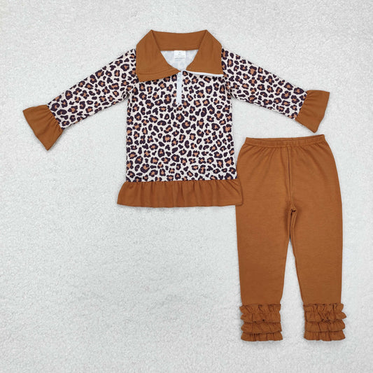 GLP1845 Leopard Brown Ruffle Zip up Hoodie Long Sleeve Pants Girls Set RTS 202509