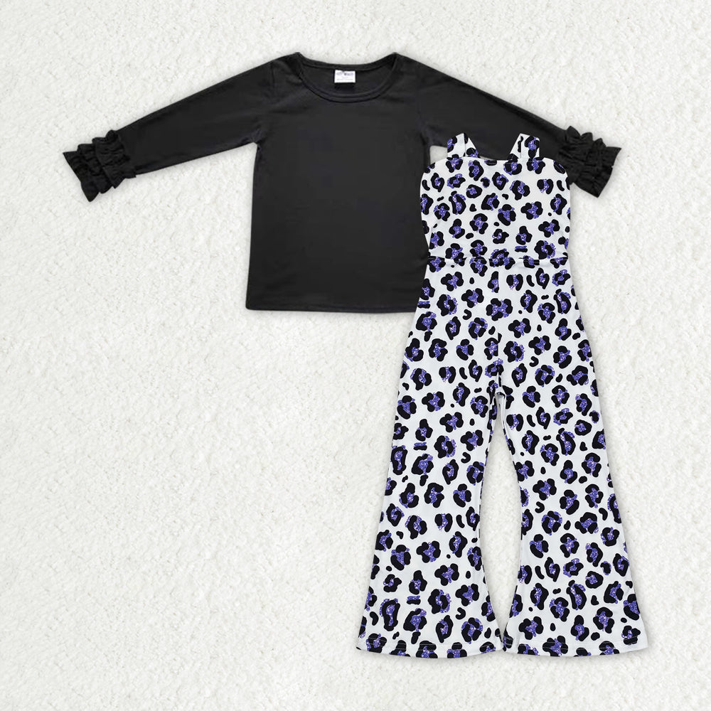 GLP1847 Black long-sleeved purple leopard print white strap onesie set